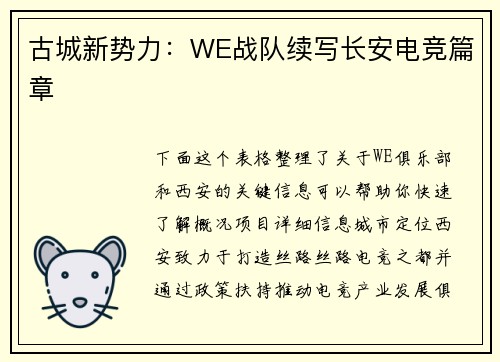 古城新势力：WE战队续写长安电竞篇章